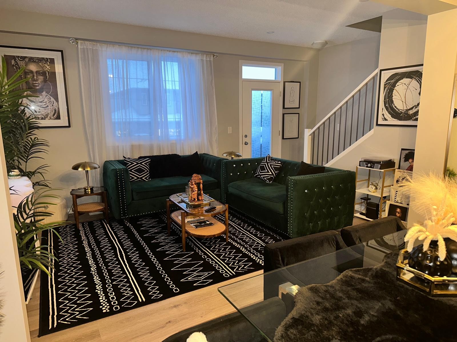 Emerald velvet living room styled by Gratia Design Studio in Edmonton